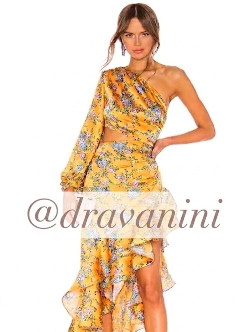 Bronx Banco Hanna Gown Size Small 4 Yellow Floral One Shoulder Ruffle Maxi Dress